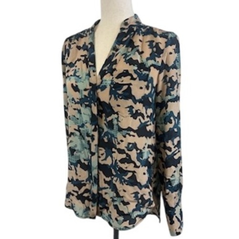 Rebecca‎ Minkoff Camouflage Camo Print 100% Silk Long Sleeve Blouse Top Size XS